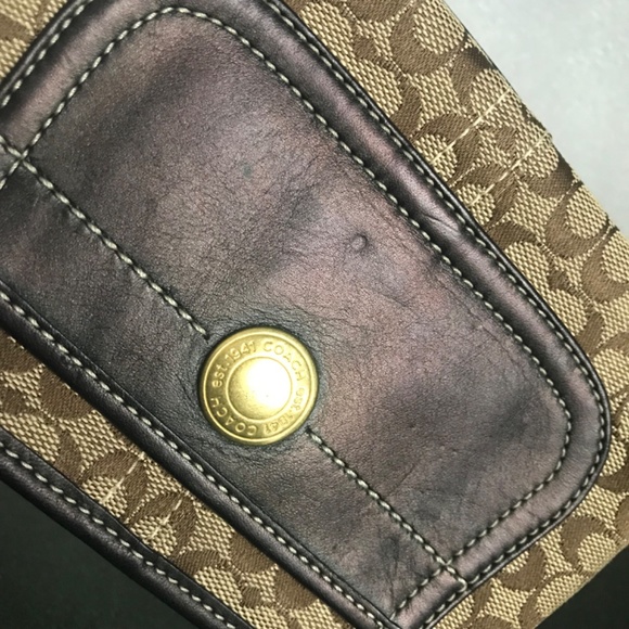 Coach Brown Canvas Leather Sig C Corner Zip Wristlet Mini Pouch - Picture 11 of 16